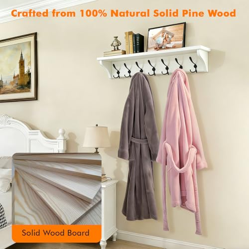33" Coat Rack with Shelf Wall Mount, Pre-Assembled Solid Wood Coat Hooks with Shelf, Wall Coat Hanger with 7 Metal Triple-Hooks for Hanging Hat, Key,Clothes,Towel, for Entryway,Bedroom,Bathroom, White - color: White