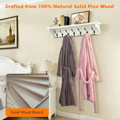 33" Coat Rack with Shelf Wall Mount, Pre-Assembled Solid Wood Coat Hooks with Shelf, Wall Coat Hanger with 7 Metal Triple-Hooks for Hanging Hat, Key,Clothes,Towel, for Entryway,Bedroom,Bathroom, White - color: White