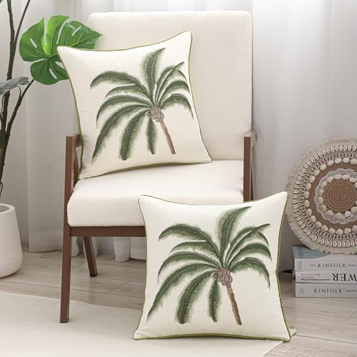 Embroidered Throw Pillow Covers 18x18 inch Pack of 2 Green Palm Tree | Ocean-Themed,Durable Fabric,Square Pillow Cover,Boho Decorative,Hidden Zipper,Aesthetic Design,Ideal Gift,Machine Washable - color: A Green Coconut Tree
