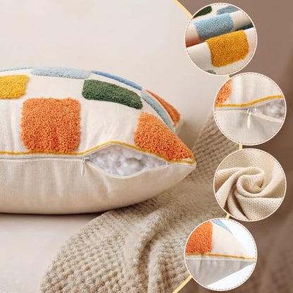 2 Pcs Embroidered Plaid Throw Pillow Cover 18x18 Inches Modern Geometric Tufted Decorative Square Pillow Cover Boho Plaid Cushion Case for Couch Sofa Bedroom Living Room Home Chair Decor - style: Geometric