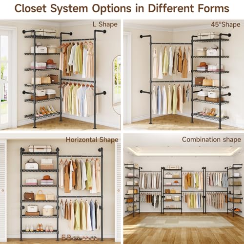 L2 Wall Mounted Closet System, Industrial Pipe Clothing Rack, Black | Metal Clothes Rack with 2 Telescopic Rods & 6 Shelves, Heavy Duty Closet Organizers for Wardrobe, Reach-in & Walk-in Closets - color: Black