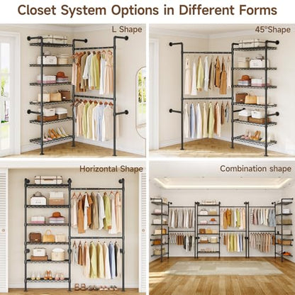 L2 Wall Mounted Closet System, Industrial Pipe Clothing Rack, Black | Metal Clothes Rack with 2 Telescopic Rods & 6 Shelves, Heavy Duty Closet Organizers for Wardrobe, Reach-in & Walk-in Closets - color: Black