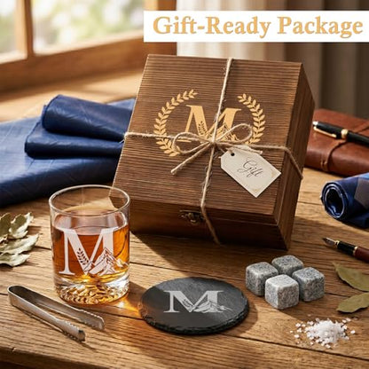 Personalized Whiskey Glass Gift Set for Men – Monogrammed Initial Rocks Glass with Slate Coaster, Wooden Box & Whiskey Stones, Birthday Father's Day for Him Dad Husband (M) - style: M