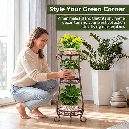 SYO 3-Tier Metal Plant Stand, Antique Bronze, Indoor Outdoor Flower Rack for Patio, Courtyard, Living Room, 33.9 in Tall