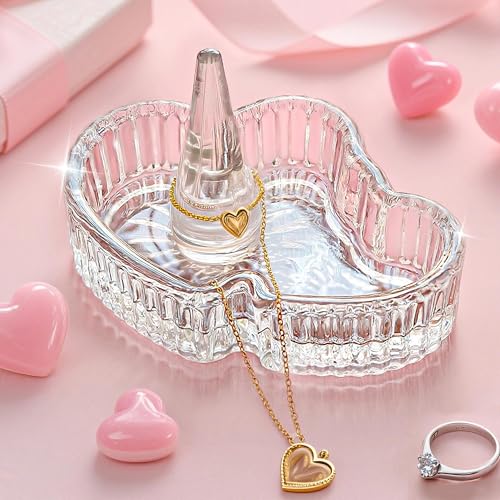 Crystal Ring Holder, Decorative Glass Trinket Tray Jewelry Dish Organizing | Double Heart Shape Jewelry Tray for Necklace Earrings, Engagement Wedding Decor Gift for Women,Her,Best Friend - color: Clear,heart