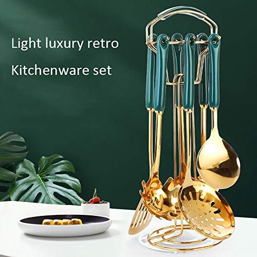 7pcs Kitchen Cooking Stainless Steel Utensils Set With Holder,Nonstick Ceramic Handle Cooking Tools Gadgets Spatula Set With Storage Organizer Stand Cookware Kitchenware Set Gift (Green Silver)