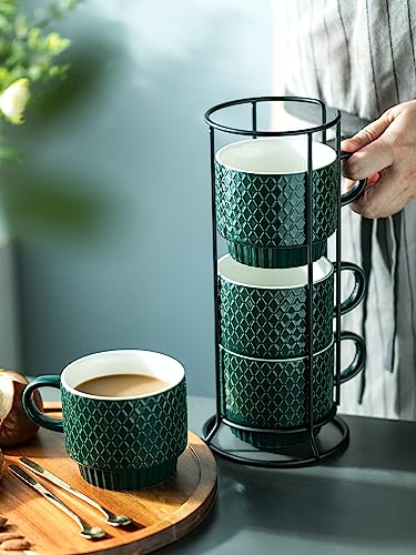 LYEOBOH Coffee Mug Set Porcelain Stackable Coffee Mugs with Stand and Spoons, 13 OZ. Cappuccino Cup Demitasse Cups for Drinks, Espresso, Latte,Set of 4, Dark Green - color: Dark Green