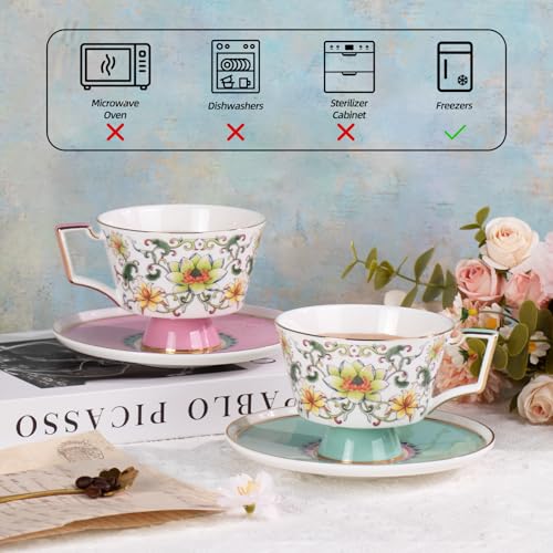 KAMMAK Ceramic Coffee Cups Saucers Set of 2, Porcelain Espresso Cups with Saucers, 8.12 oz Handcrafted Elegant Bone China Tea Cups, Lotus Floral Pattern Teacup for Party, Office, Women Gift - color: Ruyi Lotus (Pink + Green)