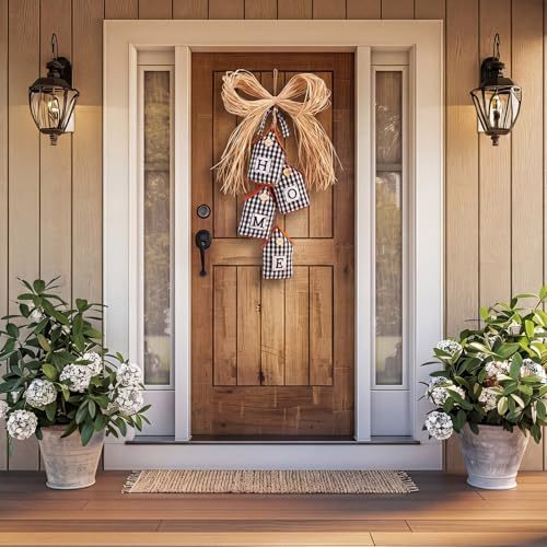 Novabright Fabric Home Sign Farmhouse Home Signs 3D Buffalo Plaid Rustic Wall Decor Black and White Checkered Wall Art with Raffia Bow for Bedroom Kitchen Bathroom Living Room Window Coffee Shop