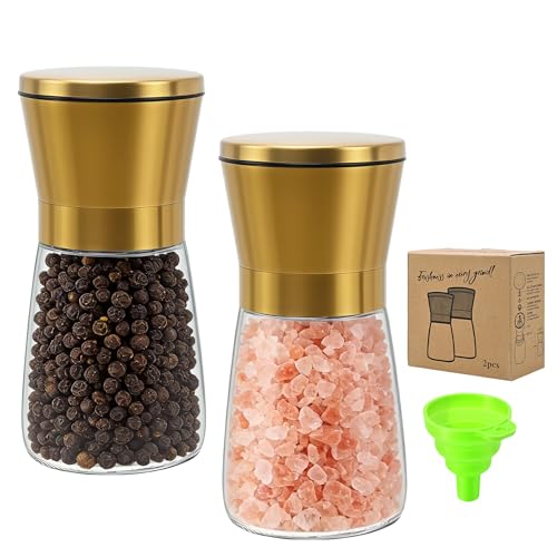 R DRURLCD Short Manual Gold Salt and Pepper Grinder Set of 2 with Funnel, Adjustable Coarseness Shiny Gold Cap Sea Salt Pepper Mill Refillable with Magnetic Lid, Kitchen Decoration Gift - color: Gold, size: 2PK