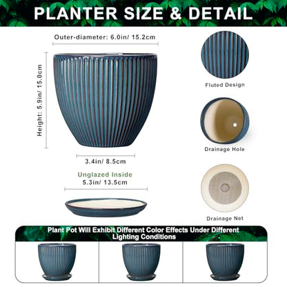 6 Inch Plant Pot, Ceramic Flower Pots for Indoor Plants, Round Planters with Drainage Hole and Saucer, Decorative Small Modern Flower Pots, Home Room Decor, House Warming Gifts, Retro Blue - size: 6 Inch, style: Retro