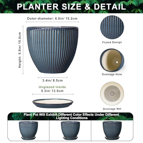6 Inch Plant Pot, Ceramic Flower Pots for Indoor Plants, Round Planters with Drainage Hole and Saucer, Decorative Small Modern Flower Pots, Home Room Decor, House Warming Gifts, Retro Blue - size: 6 Inch, style: Retro