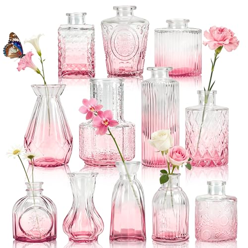 Der Rose 12pcs Glass Bud Vases, Pink Vases for Wedding Centerpieces Decor | Pink ombre textured glass vases, secure protective packaging, elegant vintage style, durable construction, bridal table decor - color: Pink