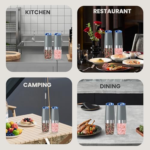 Battery Operated Salt And Pepper Grinder Set 2 Pack (LightGrey) | Gravity-Activated Automatic Grinder With Led Light & Adjustable Coarseness, Each Uses 6 Aaa Batteries,Kitchen Daily Seasoning - color: Battery/2pcs/LightGrey