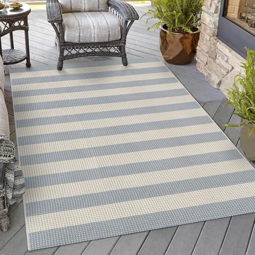 Washable Area Rug 4'x6', Striped Indoor Outdoor Rugs Patio Camping Rug | Cotton Woven Entryway Rugs Indoor Outdoor Patio Rugs Carpet Large Area Rugs for Bedroom/Porch/Deck/Backyard/Living Room Blue - color: Muted Blue/Tan/White, size: 4' x 6' (Rectangular