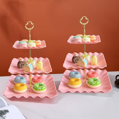 2 Pack of Pink Square Dessert Cupcake Stand, 3 Tiered Plastic Serving Tray | 3 Tier Cup Cake Holder Tower for Tea Party/Birthday/Wedding - color: Pink