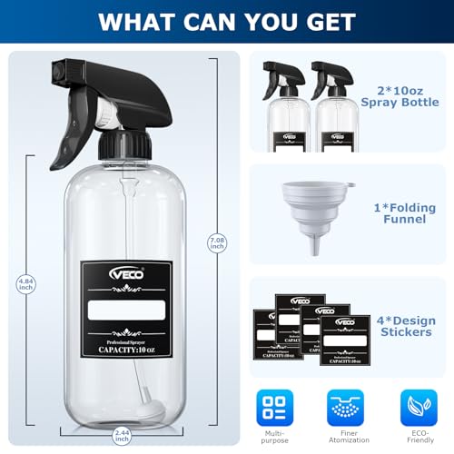Veco 300mL (10oz) 360° Spray Bottles, 2-Pack — Adjustable Nozzle, Leak-Resistant spray bottles for Cleaning, Plants, Hair & Pet Use + Foldable Funnel - size: 10oz 2pcs