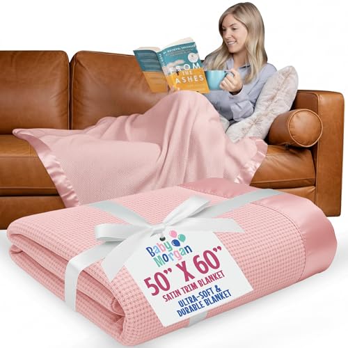 Thermal Waffle Knit Throw Blanket Satin Trim Pink 50"x60" | Adult throw blanket with soft lightweight waffle knit design, satin trim & breathable layer for couch, bed & living room use. - color: Pink - Satin Trim