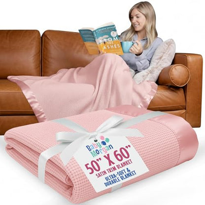 Thermal Waffle Knit Throw Blanket Satin Trim Pink 50"x60" | Adult throw blanket with soft lightweight waffle knit design, satin trim & breathable layer for couch, bed & living room use. - color: Pink - Satin Trim