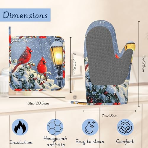 Red Cardinal Oven Mitts and Pot Holders Sets,Extra Long Winter Snow Branch Kitchen Mittens for Cooking,Thick Cotton Heat Resistant Silicone Cooking Utensils Set for Baking Cooking Grilling - color: Red Cardinal