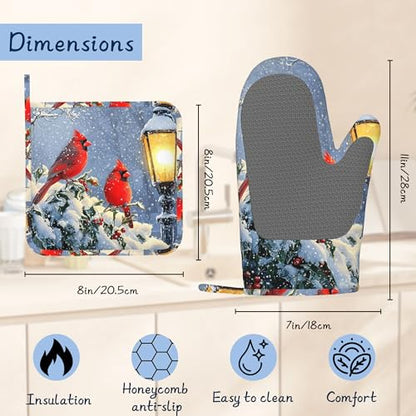 Red Cardinal Oven Mitts and Pot Holders Sets,Extra Long Winter Snow Branch Kitchen Mittens for Cooking,Thick Cotton Heat Resistant Silicone Cooking Utensils Set for Baking Cooking Grilling - color: Red Cardinal