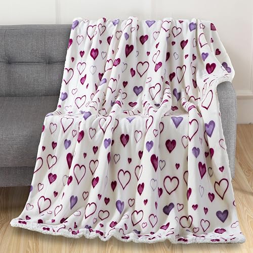 Elegant Comfort Valentine's Day Sherpa Fleece Throw Blanket for Couch - Soft and Warm Sherpa Backing Reversible Purple Hearts Flannel Blanket Valentines Decor, 50 x 60 inches, Mia - color: Mia