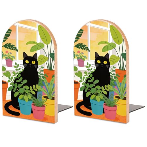 Potted Plant and Cat Wooden Bookends, Book Ends for Shelves | 1 Pair 5"x3.15" Decorative Wood Book Supports, Cute Shelf Stoppers for Heavy Books, Office Desk, Study Room & Home Decor - style: Potted Plant and Cat