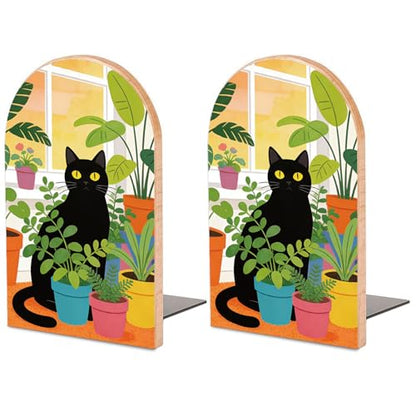 Potted Plant and Cat Wooden Bookends, Book Ends for Shelves | 1 Pair 5"x3.15" Decorative Wood Book Supports, Cute Shelf Stoppers for Heavy Books, Office Desk, Study Room & Home Decor - style: Potted Plant and Cat