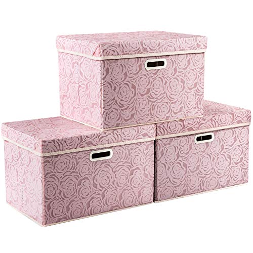 Larger Collapsible Storage Boxes with Lids Fabric Decorative Bins Cubes Organizer Containers Baskets Handles Divider for Bedroom Closet Living Room Pink 17.7x11.8x11.8 Inch 3 Pack - color: Pink, size: Large(3-Pack)