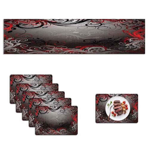Mcalk Table Runner and Placemats Set of 6 Pieces,Mystic Gray Leaf Placemat,Cloth Place Mats Red Indoor for Kitchen,Washable Placemats Floral Print Linen Material for Dining Table - color: 01black With Red