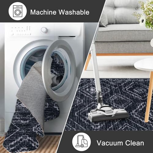KILOCOCO Washable Runner Rug 2x5 ft Hallway Runners, Blue-Black | Non Slip Runner Rug, Printed Kitchen Runner Rug, Low-Pile Entryway Runners, Soft Geometric Rugs for Bedroom Hall Living Room - color: Black/Navy/White, size: 2' x 5' (Runner)