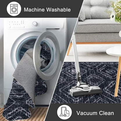 KILOCOCO Washable Runner Rug 2x5 ft Hallway Runners, Blue-Black | Non Slip Runner Rug, Printed Kitchen Runner Rug, Low-Pile Entryway Runners, Soft Geometric Rugs for Bedroom Hall Living Room - color: Black/Navy/White, size: 2' x 5' (Runner)