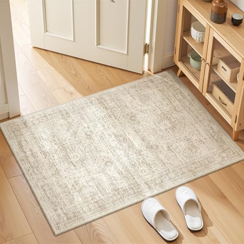 2x3 Rug Non Slip, Small Washable Entryway Rug,Beige | Welcome Mat,Runner for Kitchen,Front Door,Bathroom,Bedroom,Thin Area Rug,Soft Foldable Indoor Carpet,Stain Resistant - color: Beige/Ivory, size: 2' x 3' (Rectangular)