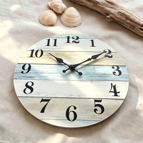 10 Inch Beach Wall Clock, Silent Non-Ticking Battery Operated | Rustic Coastal Beach Clock Decorative for Bathroom Kitchen Bedroom Home Office - color: Blue, size: 10 Inch
