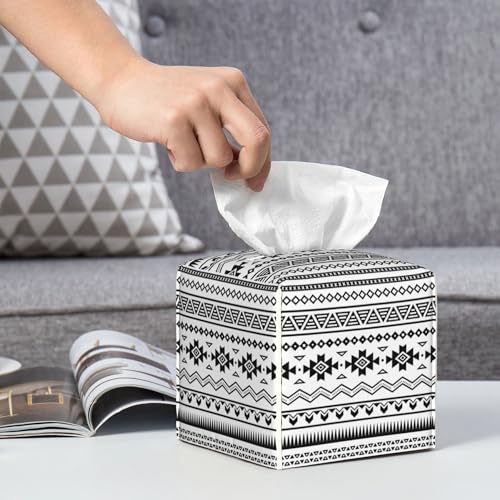 Boho Black White Geometric Tissue Box Cover Square,Abstract Tribal Symbol Tissue Box Holder Waterproof Leather Facial Paper Organizer Dispenser for Bathroom Home Car Nightstand Vanity Desk - color: Color-7