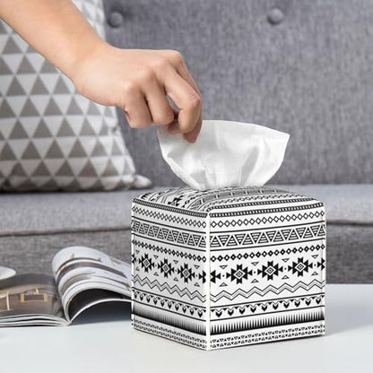 Boho Black White Geometric Tissue Box Cover Square,Abstract Tribal Symbol Tissue Box Holder Waterproof Leather Facial Paper Organizer Dispenser for Bathroom Home Car Nightstand Vanity Desk - color: Color-7