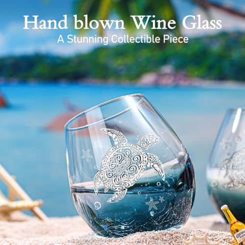 Physkoa Sea Turtle Gifts for Women-13.5oz Sea Turtle Wine Glasses set of 2 - Crackle teal design turtle wine glasses-Hand blown Stemless Wine Glass -Sea lovers Gifts for Birthday，Mothers Day - color: White（2 Count）