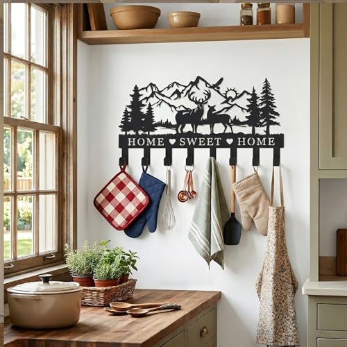 Deer Metal Key Holder for Wall, 14.5" X 9.2", Key Hooks for Wall Organizer, Key Rack, Forest Theme Coat Hat Towel Hooks, Ideal for Living Roo - size: Medium, style: Sweet Home