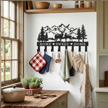 Deer Metal Key Holder for Wall, 14.5" X 9.2", Key Hooks for Wall Organizer, Key Rack, Forest Theme Coat Hat Towel Hooks, Ideal for Living Roo - size: Medium, style: Sweet Home