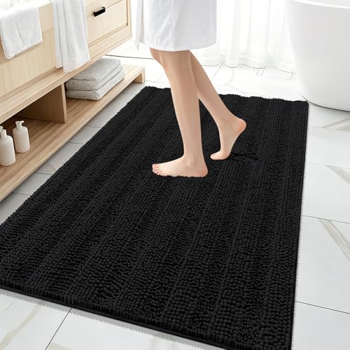 OLANLY Thick Large Bathroom Rugs 59x35, Soft Chenille Bath Rugs, Black | Absorbent Striped, Rubber Backing, Machine Wash Dry, Bath Mats for Bathroom Floor, Tub and Shower, Home Decor Accessories - color: Black, size: 59" X 35"