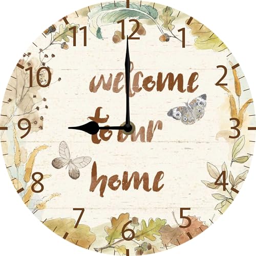Boylee Farmhouse Wooden Wall Clock - 10 Inch Welcome to Our Home Battery Operated Silent Non Ticking Vintage Rustic Distressed Wood Clock Home Decor for Kitchen, Living Room, Bedroom, Office - color: Qc8