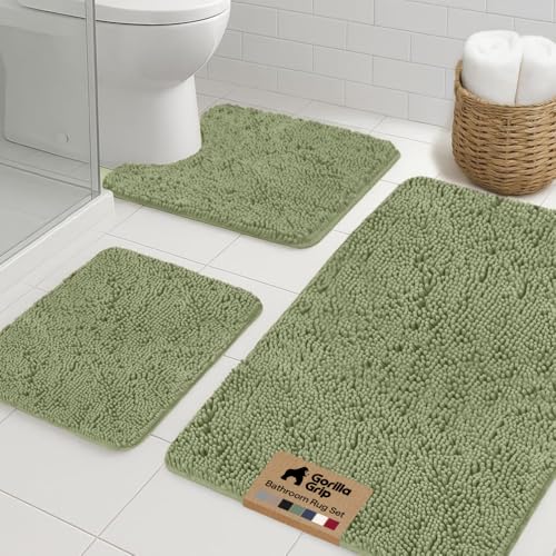 GORILLA GRIP Bathroom Rug Sets 3 Piece, Bath Mat Set and Oval Toilet Base with Rubber Backing, Plush Absorbent Shaggy Chenille Washable Mats, Includes 24x19.5, 24x17 and 36x24 Inch Rugs, Sage - color: Sage, style: 24"x19.5" + 24"x17" + 36"x24" - 3 Pack
