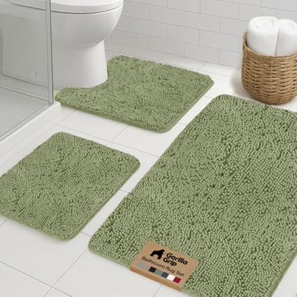 GORILLA GRIP Bathroom Rug Sets 3 Piece, Bath Mat Set and Oval Toilet Base with Rubber Backing, Plush Absorbent Shaggy Chenille Washable Mats, Includes 24x19.5, 24x17 and 36x24 Inch Rugs, Sage - color: Sage, style: 24"x19.5" + 24"x17" + 36"x24" - 3 Pack