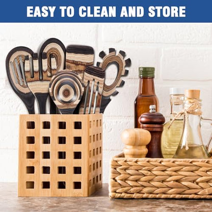 MYRAINBOW Wooden Spoons for Cooking, 7 Piece Pakkawood Kitchen Utensils Set with Spatulas, Spoons, Ladles, and Turner for Mixing, Serving & Cooking - color: Brown
