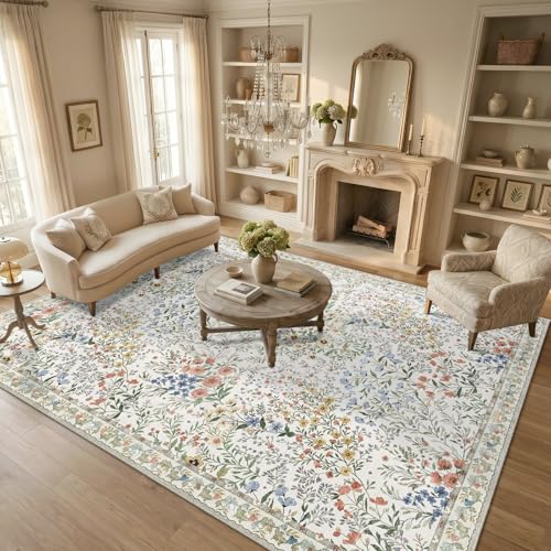 Vintage Botanical Floral Rug 8x10: Cottage Area Rug - Machine Washable Non Slip Low Pile Foldable Carpet - Living Room Bedroom Dining Room Indoor Rug - 8'x10' Beige - color: Beige, size: 8x10