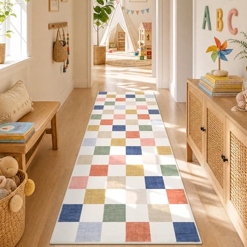 GarveeHome Checkered Colorful 2x6 Washable Kitchen Runner Rug Entryway | Rainbow Area Rug for Hallway Bedroom Bathroom Kid Playroom Stain Resistant Low-Pile Non-Slip Soft Rugs TPE Backing - color: Colorful, size: 2' x 6' (Rectangular)