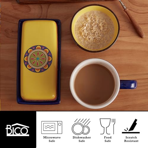 Bico Tunisian Ceramic Butter Dish with Lid, Wide Butter Keeper for Counter, Kitchen Countertop, Microwave and Dishwasher Safe - color: Tunisian