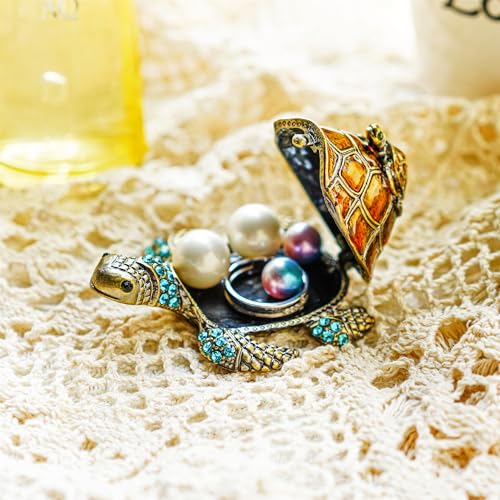 YU FENG 2.7 Inch Mother and Baby Turtle Figurines Jewelry Trinket Boxes | Hand-Painted Enamel Figurine, Sparkling Crystal Shell, Jewelry Keepsake Box, Decorative Animal Collectible Gift - color: brown