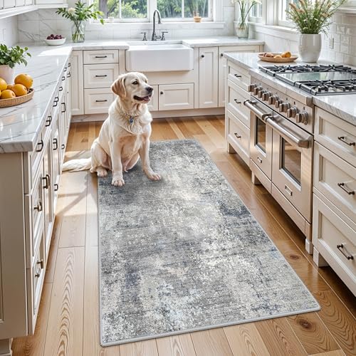 3x5 Washable Entryway Rug – Non-Slip Rubber Backed Small Area Rug for Kitchen, Bedroom, Living Room, Office – Soft Low-Pile Thin Modern Abstract Neutral Throw Rug （Blue Gray,3x5） - color: Blue Gray, size: 3' x 5' (Rectangular)