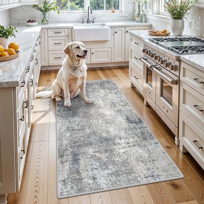 3x5 Washable Entryway Rug – Non-Slip Rubber Backed Small Area Rug for Kitchen, Bedroom, Living Room, Office – Soft Low-Pile Thin Modern Abstract Neutral Throw Rug （Blue Gray,3x5） - color: Blue Gray, size: 3' x 5' (Rectangular)